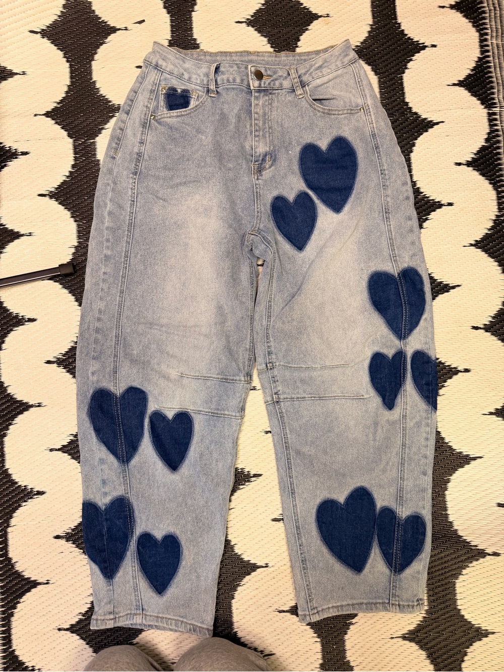Light Blue Denim Barrel Jeans with Navy Heart Appliqués - Women's